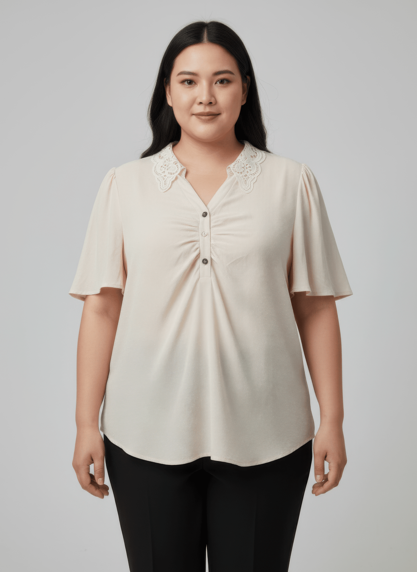 Lace Collar Button Detail Flutter Sleeve Top jehouze Ivory XL 