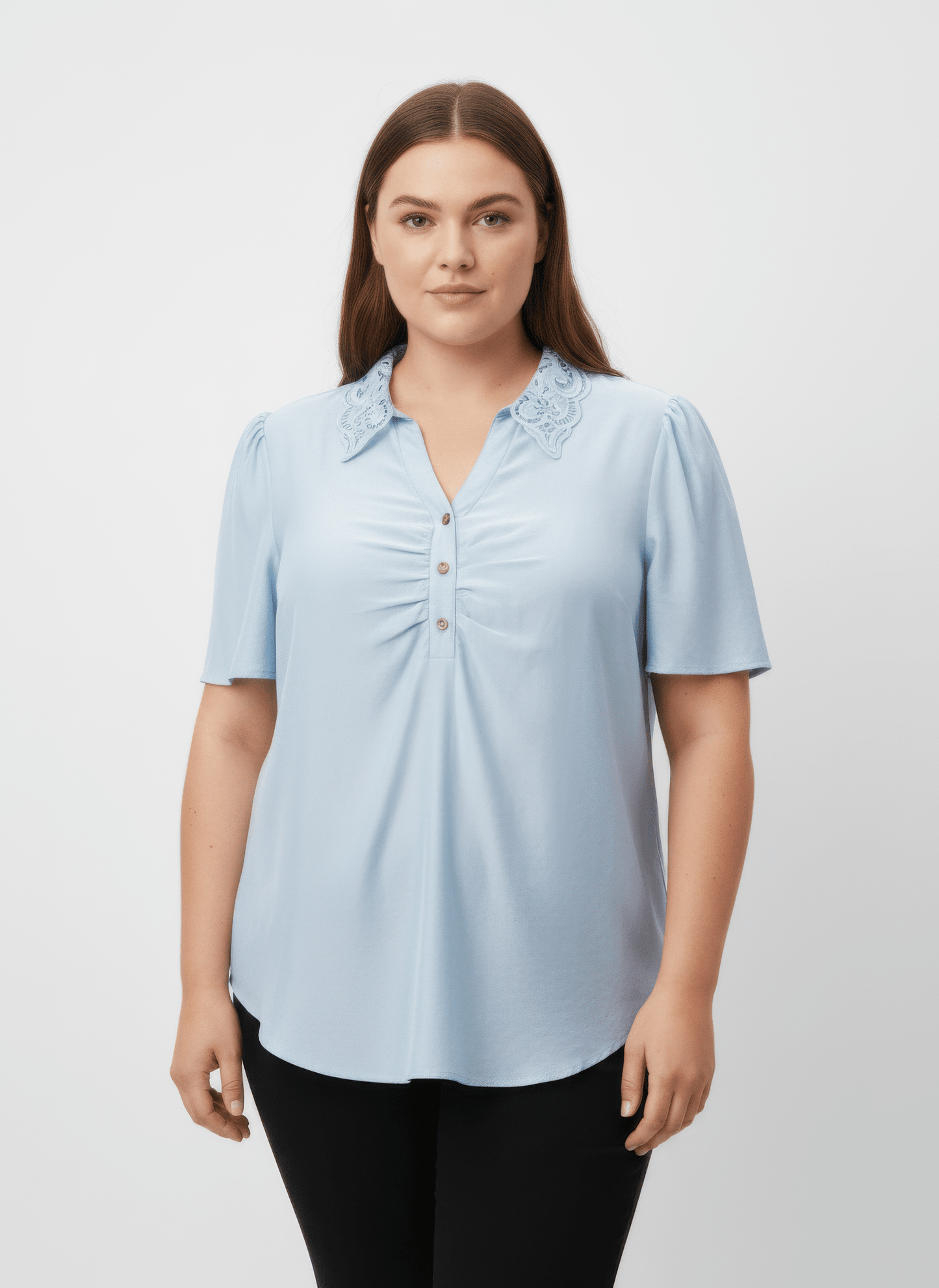 Lace Collar Button Detail Flutter Sleeve Top jehouze Light blue XL 