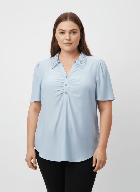 Lace Collar Button Detail Flutter Sleeve Top jehouze Light blue XL 