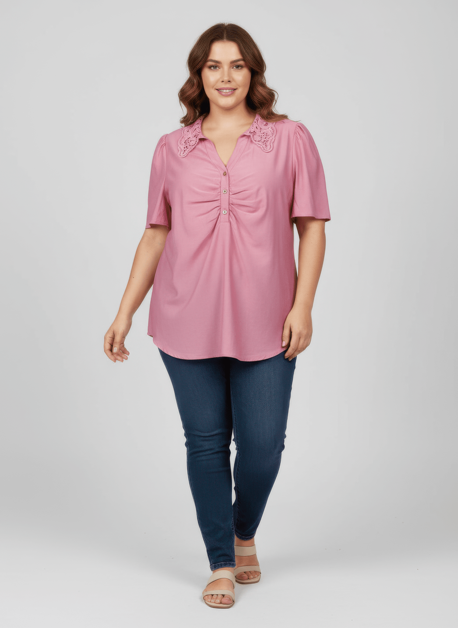 Lace Collar Button Detail Flutter Sleeve Top jehouze Pink XL 