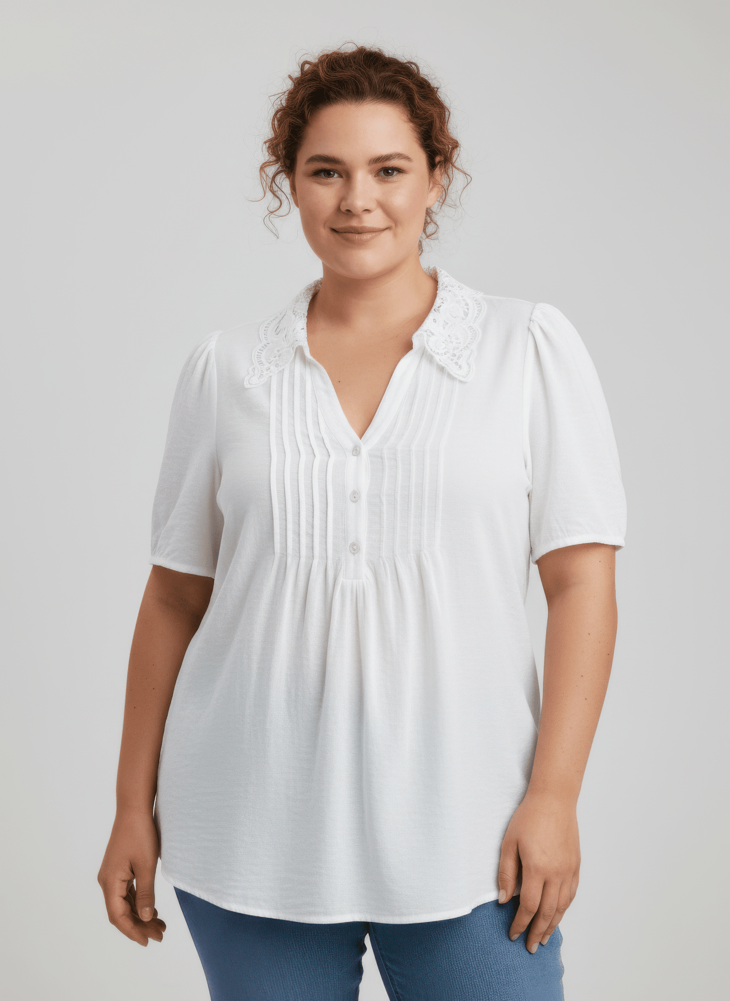 Lace Collar Button Detail Flutter Sleeve Top jehouze White XL 