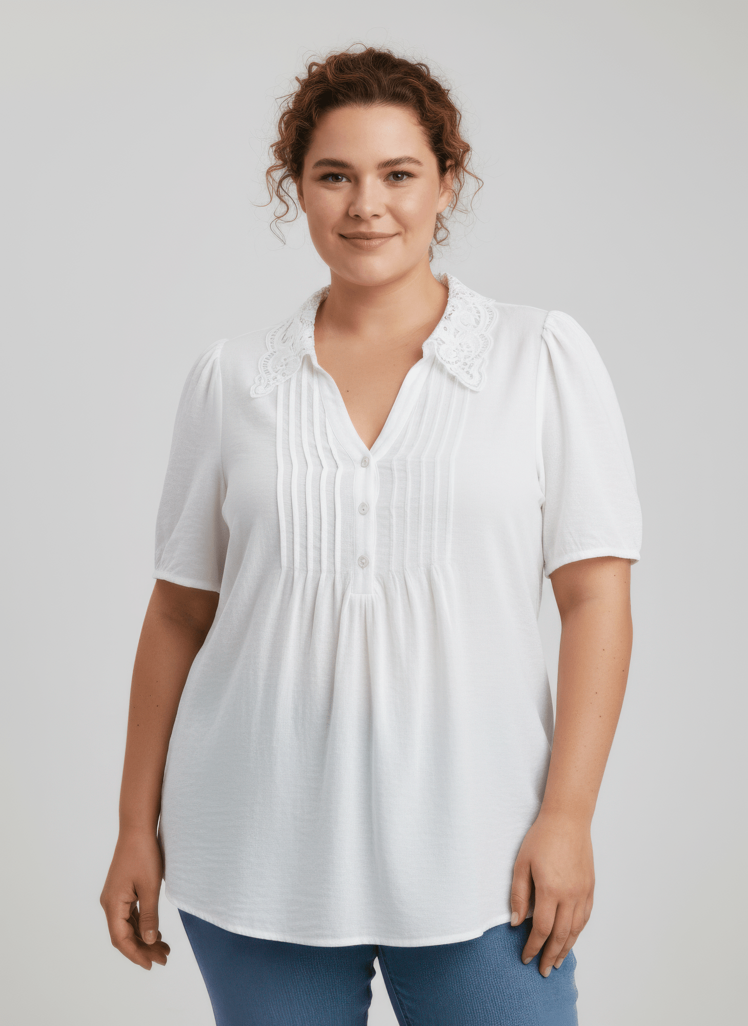 Lace Collar Button Detail Flutter Sleeve Top jehouze White XL 