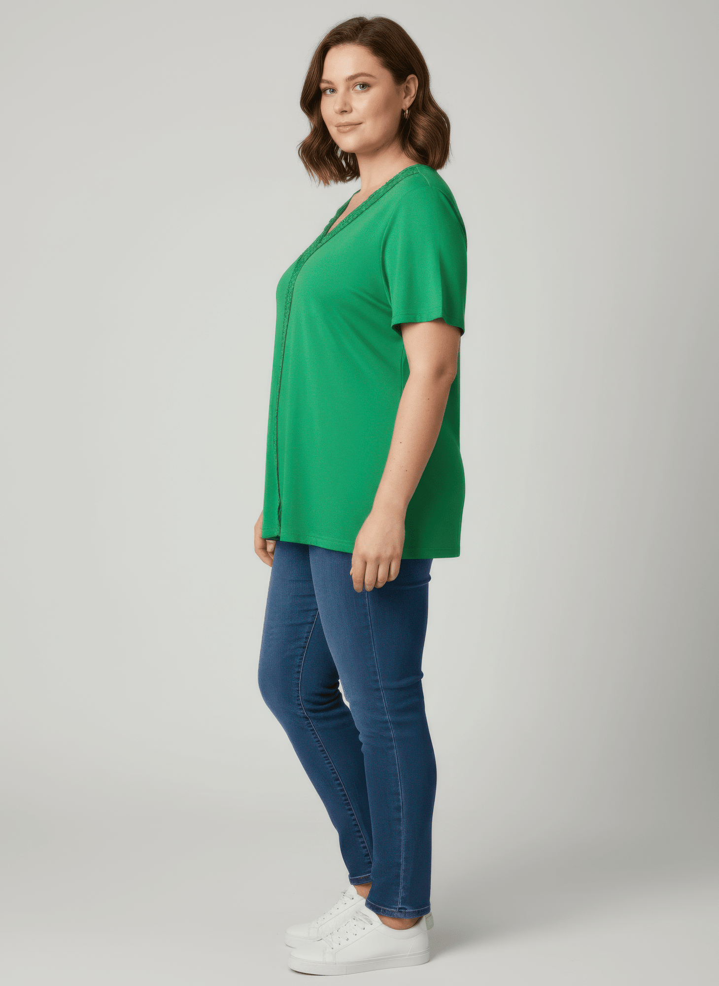 Lace Trim V-neck Short Sleeve Knit Top jehouze 