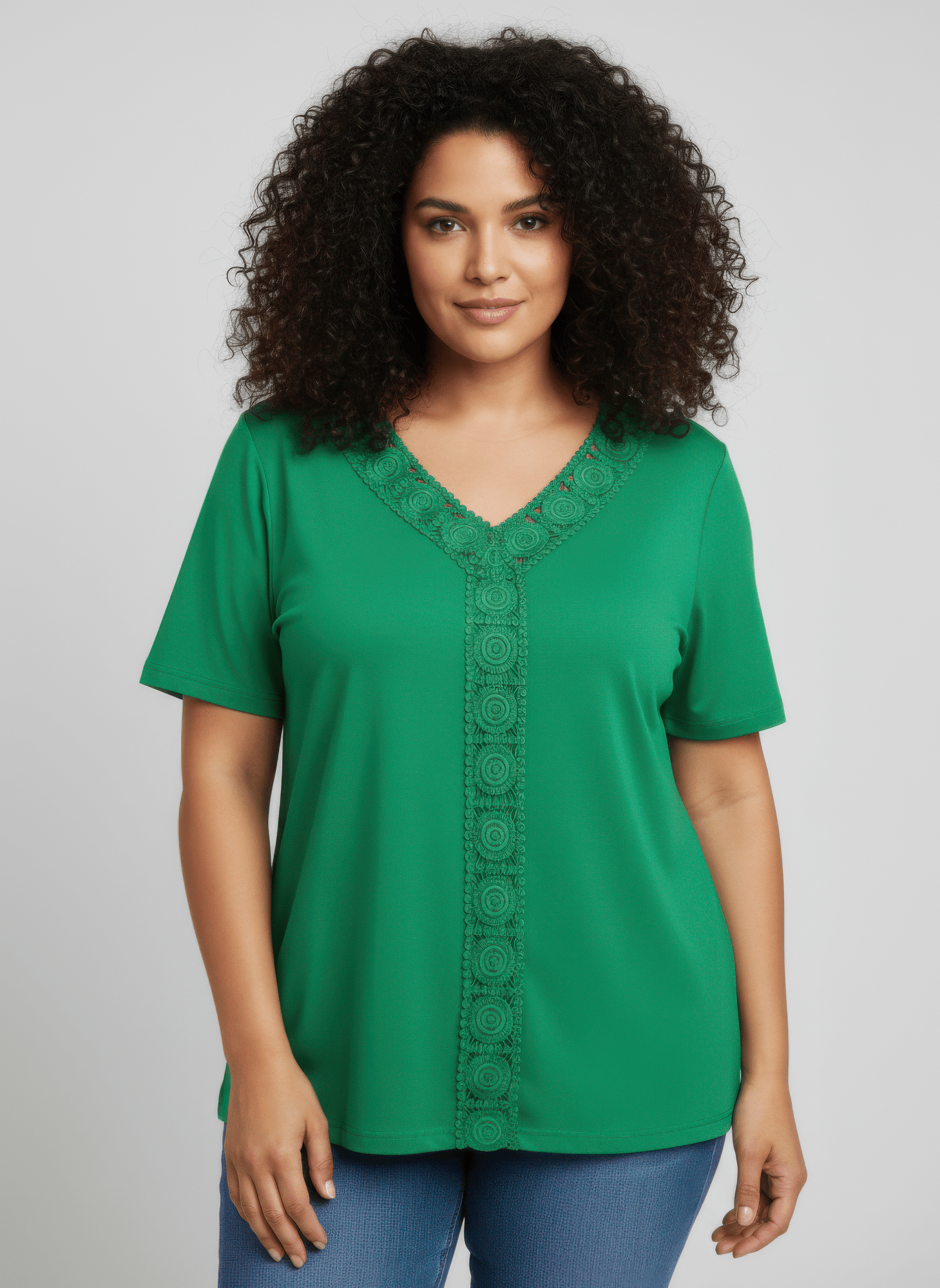 Lace Trim V-neck Short Sleeve Knit Top jehouze Green XL 