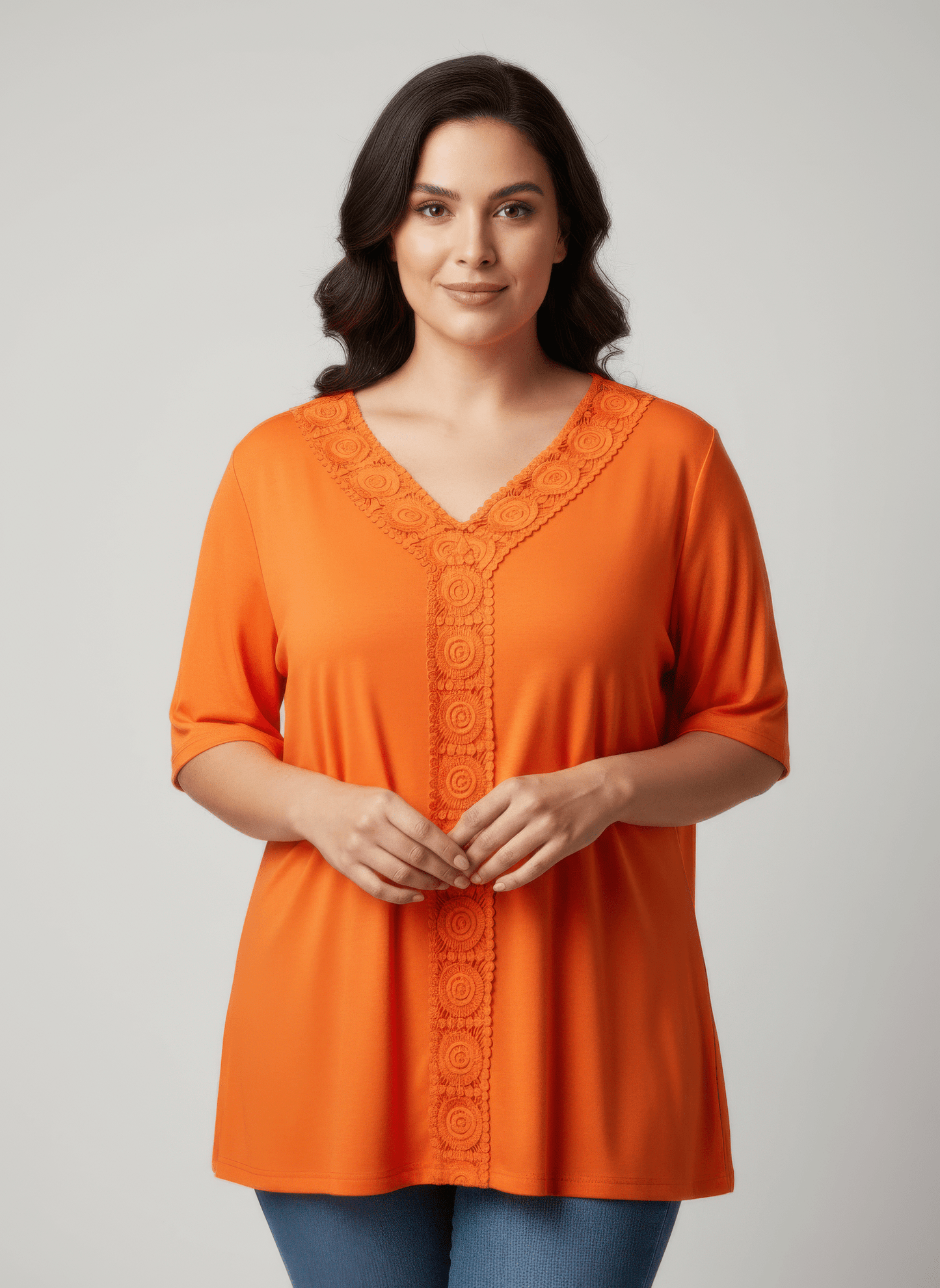 Lace Trim V-neck Short Sleeve Knit Top jehouze Orange XL 