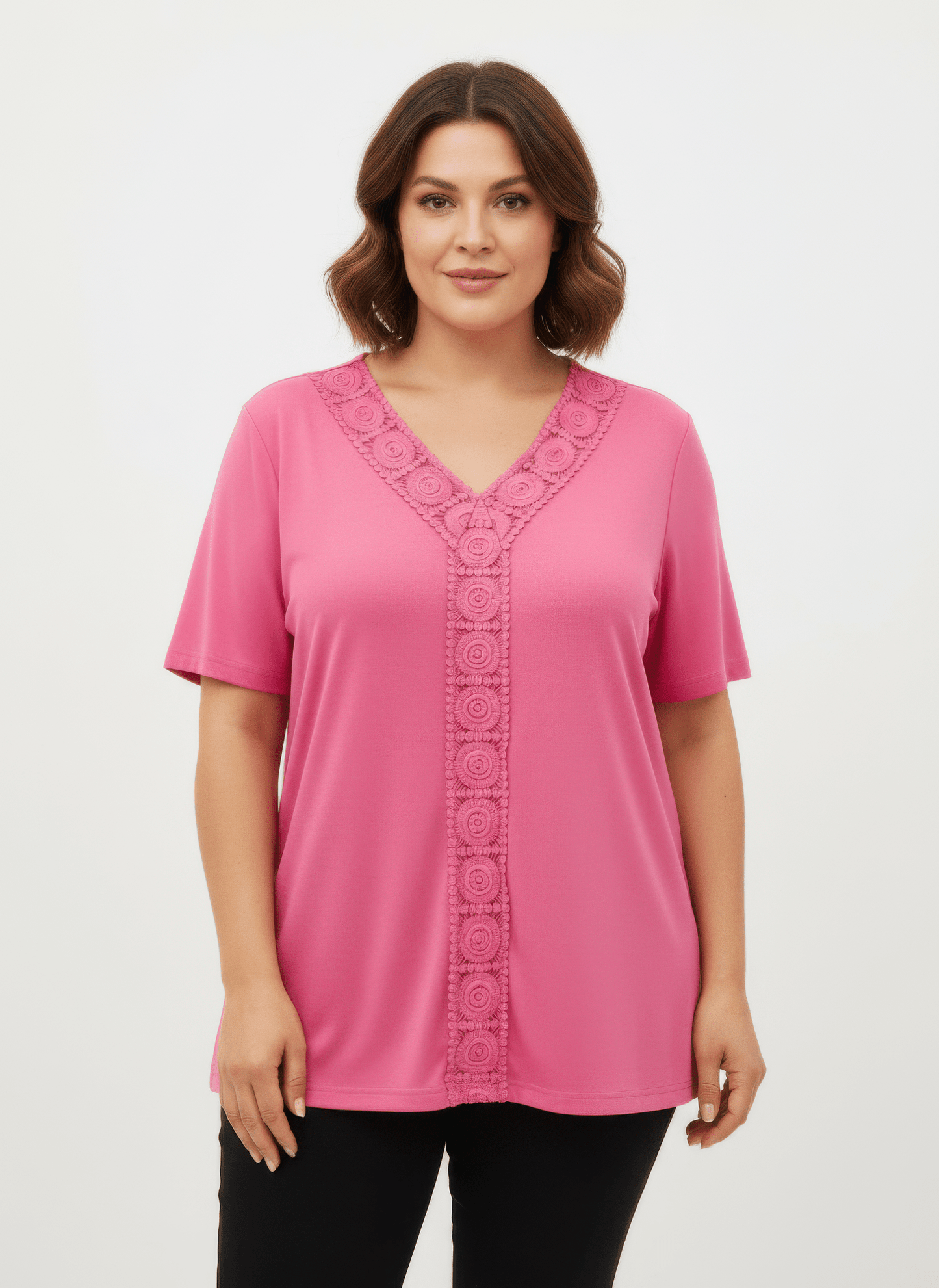 Lace Trim V-neck Short Sleeve Knit Top jehouze Pink XL 