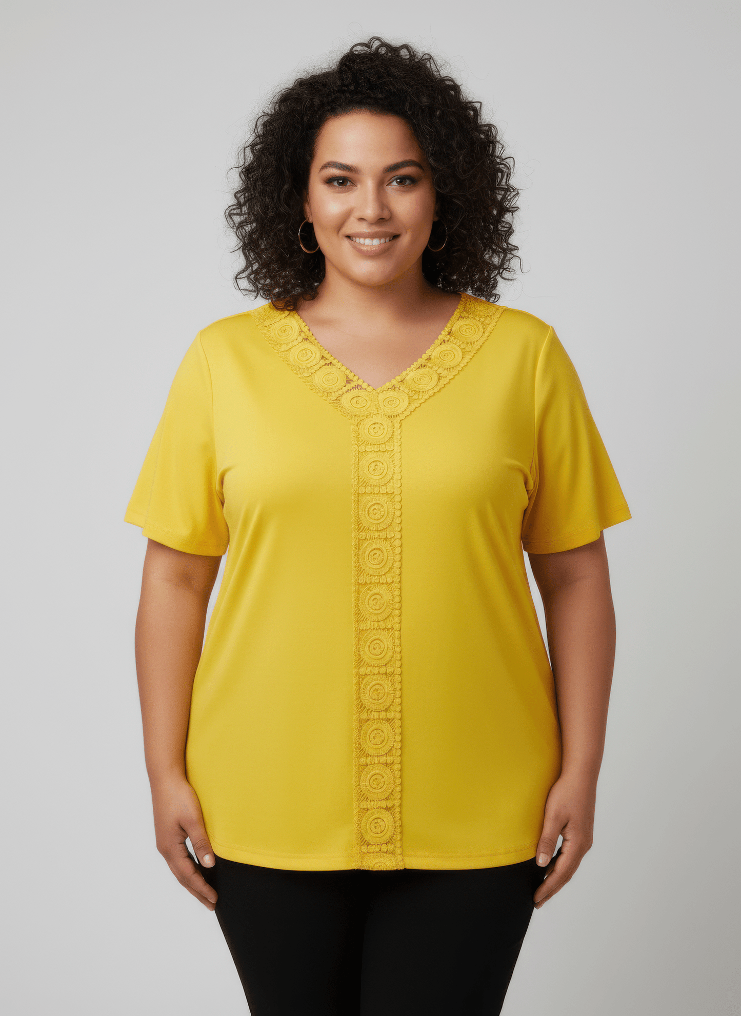 Lace Trim V-neck Short Sleeve Knit Top jehouze Yellow XL 
