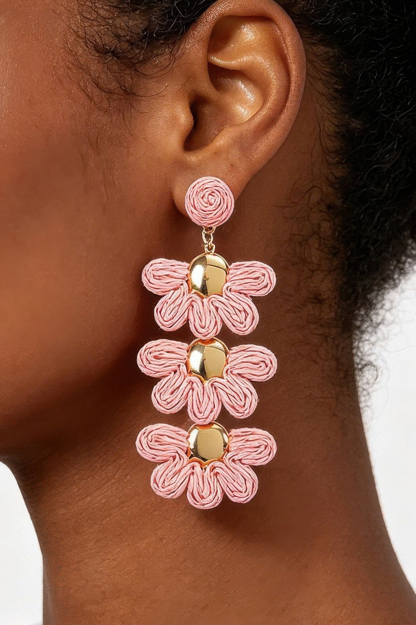 Layered Raffia Flower Drop Earrings Apparel & Accessories > Jewelry > Earrings jehouze Pink 