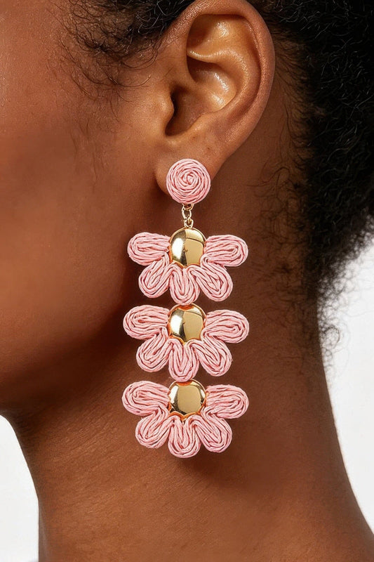 Layered Raffia Flower Drop Earrings Apparel & Accessories > Jewelry > Earrings jehouze Pink 