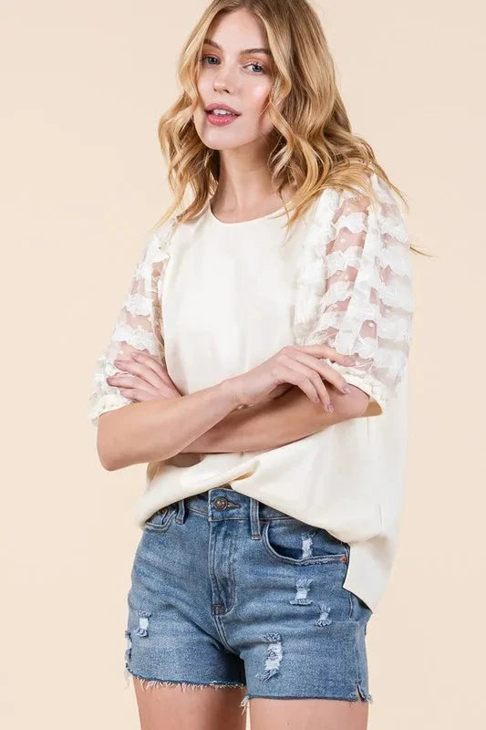 Lime 'N' Chili Plus Size Lace Puff Sleeve Round Neck Top Shirts & Tops jehouze 