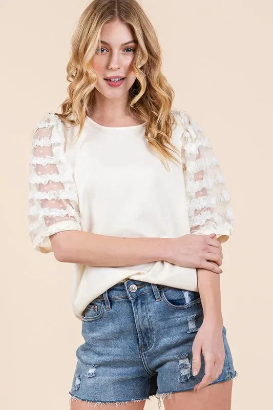 Lime 'N' Chili Plus Size Lace Puff Sleeve Round Neck Top Shirts & Tops jehouze 