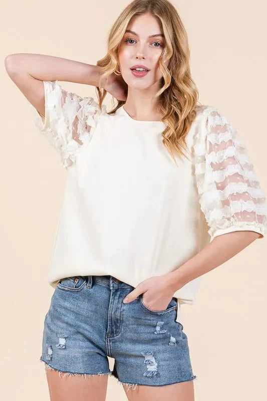 Lime 'N' Chili Plus Size Lace Puff Sleeve Round Neck Top Shirts & Tops jehouze 