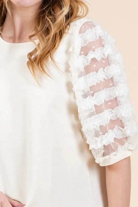 Lime 'N' Chili Plus Size Lace Puff Sleeve Round Neck Top Shirts & Tops jehouze 