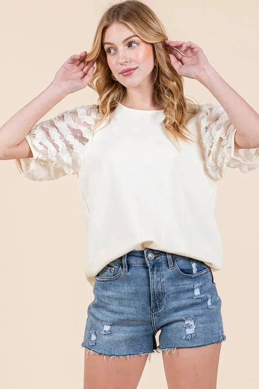 Lime 'N' Chili Plus Size Lace Puff Sleeve Round Neck Top Shirts & Tops jehouze 