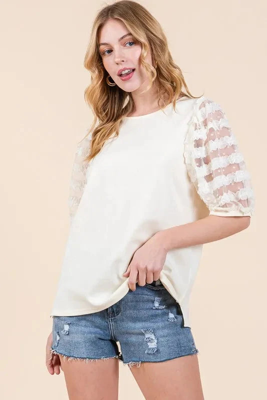 Lime 'N' Chili Plus Size Lace Puff Sleeve Round Neck Top Shirts & Tops jehouze CREAM S 