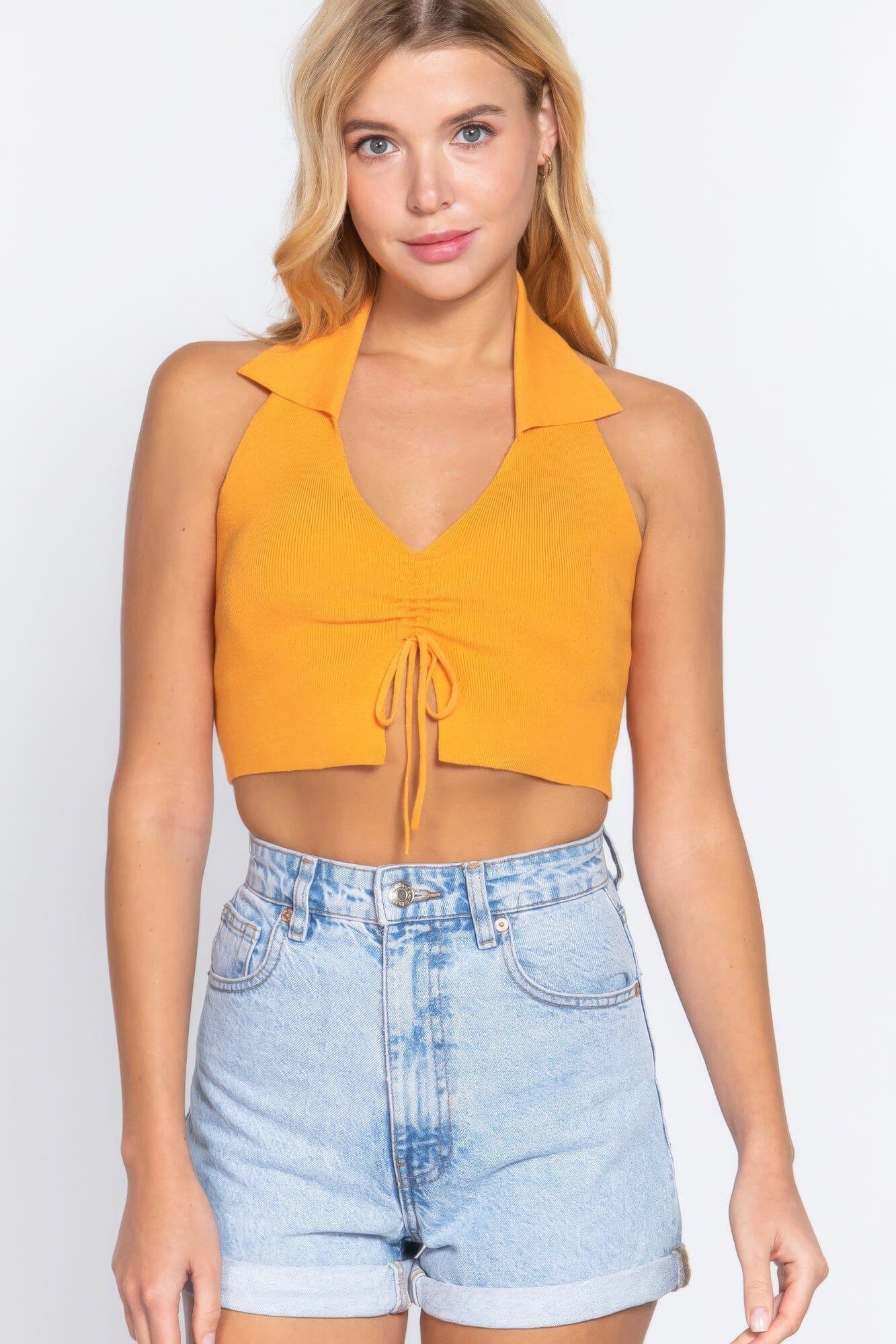 Mango Sherbet Yellow Halter Ruched Crop Sweater Knit Top Shirts & Tops jehouze 