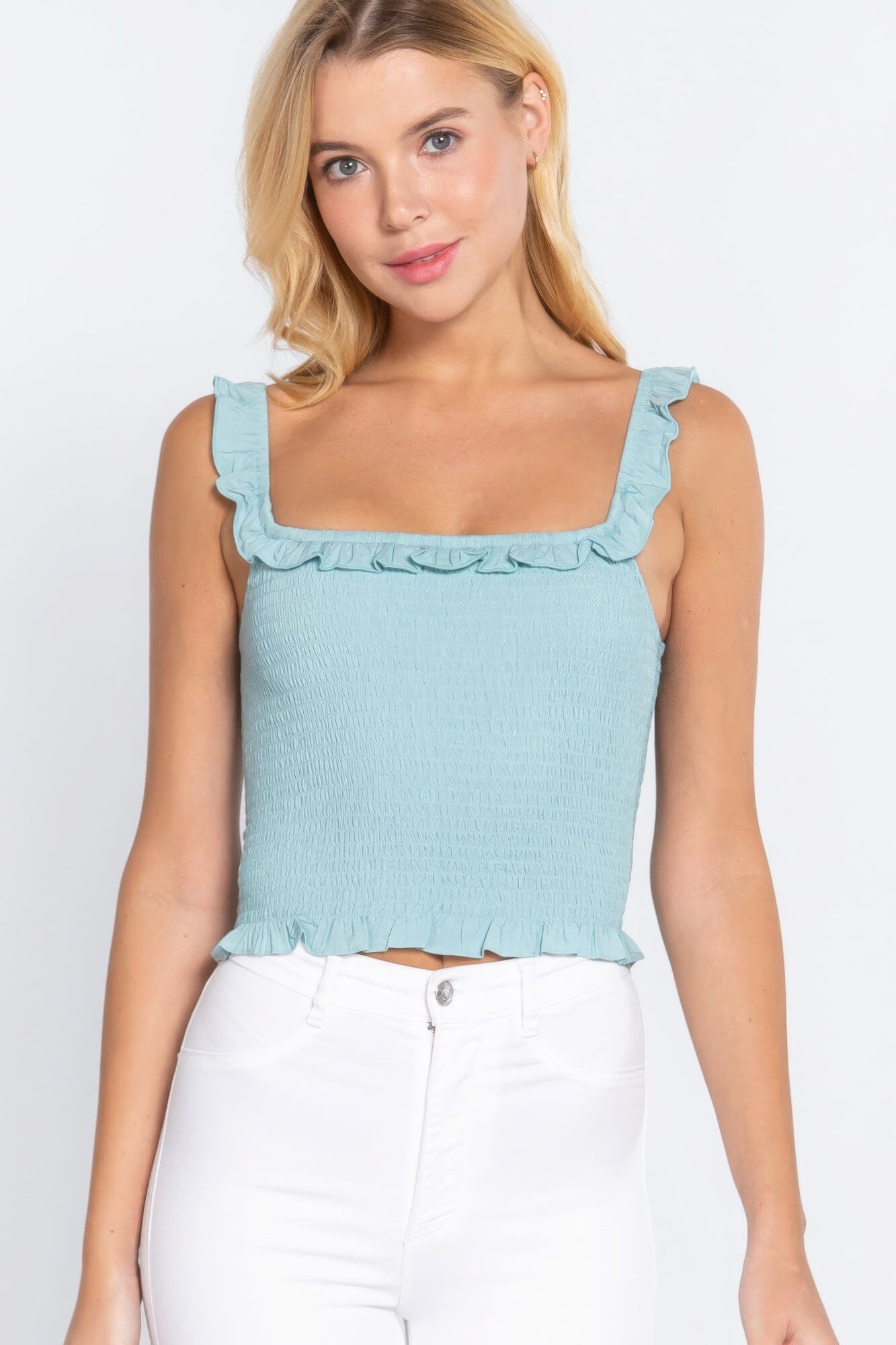 Mint Blue Smocking Ruffle Cami Woven Top Shirts & Tops jehouze 