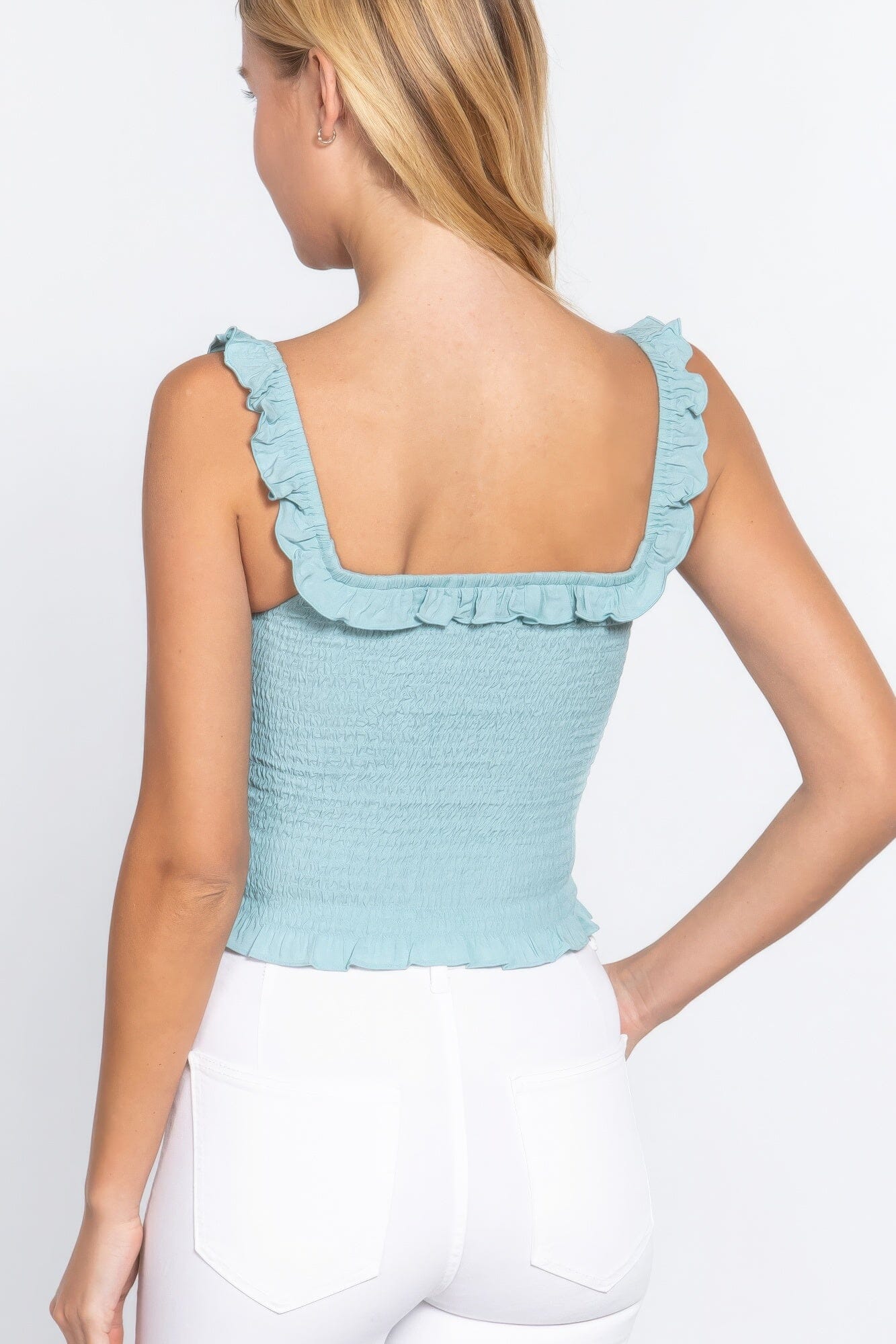 Mint Blue Smocking Ruffle Cami Woven Top Shirts & Tops jehouze 