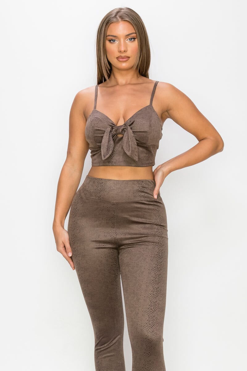 Mocha Brown Embossed Snake Print Top And Leggings Set Outfit Sets jehouze 