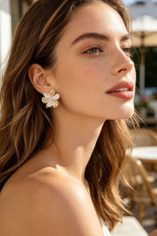 Modern Polished Blooming Flower Earrings Apparel & Accessories > Jewelry > Earrings jehouze Gold White 