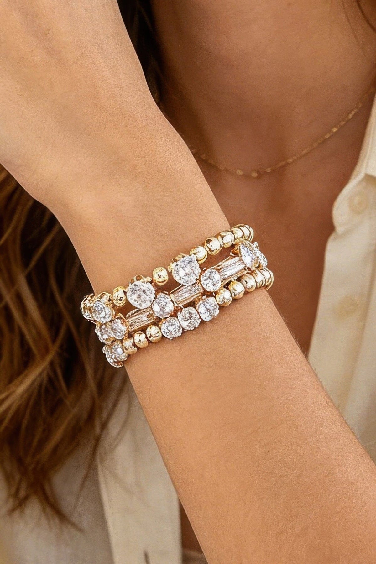 Multi Rhinestone Beaded Bracelet Bracelets jehouze Gold Clear 
