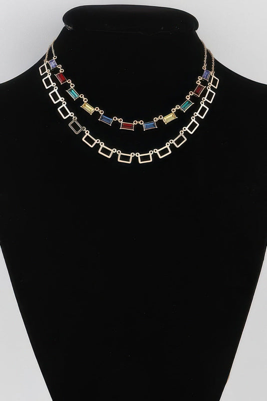 Multi Square Crystal Charm Necklace Necklaces jehouze Gold Multicolor 
