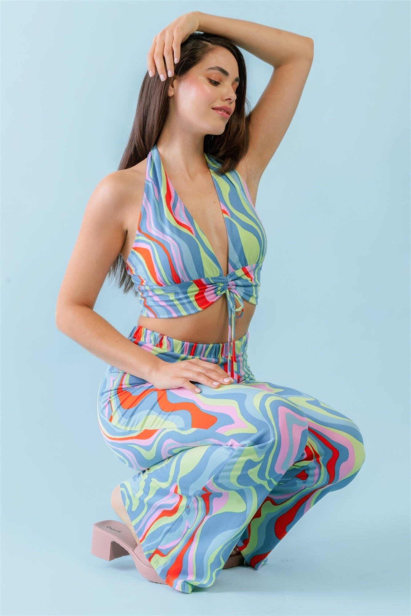 Multicolor Abstract Print Halter V-neck Ruched Open Back Crop Top & High Waist Pants Outfit Set Outfit Sets jehouze 