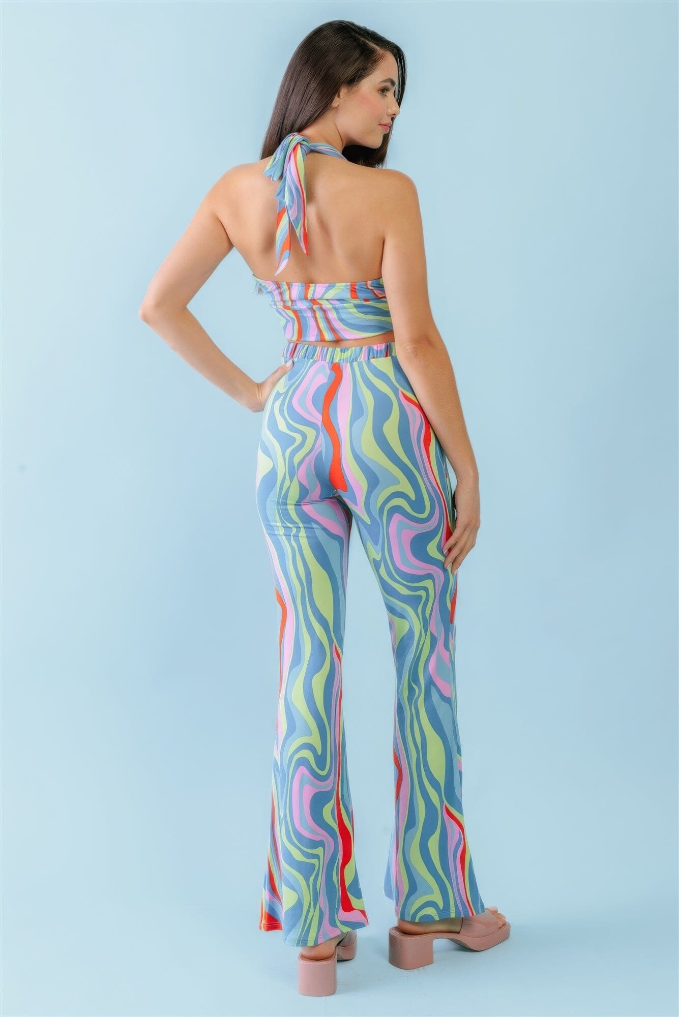 Multicolor Abstract Print Halter V-neck Ruched Open Back Crop Top & High Waist Pants Outfit Set Outfit Sets jehouze 