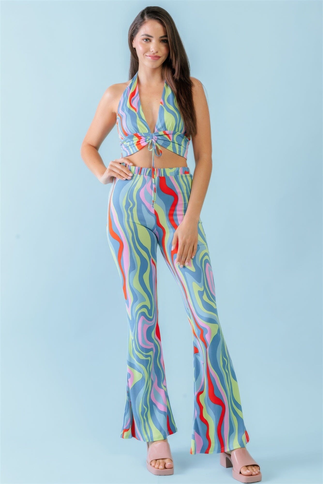 Multicolor Abstract Print Halter V-neck Ruched Open Back Crop Top & High Waist Pants Outfit Set Outfit Sets jehouze 