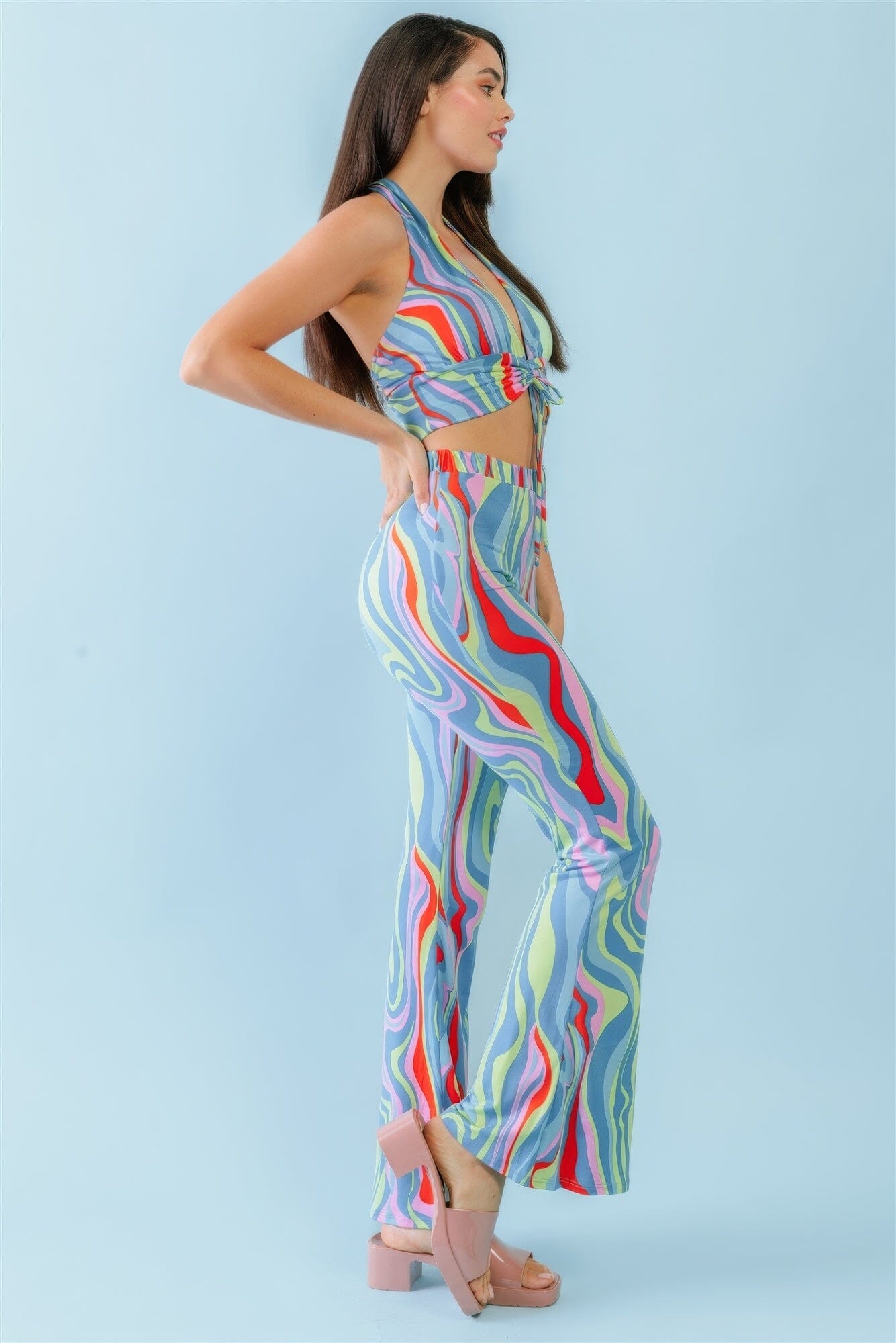 Multicolor Abstract Print Halter V-neck Ruched Open Back Crop Top & High Waist Pants Outfit Set Outfit Sets jehouze 