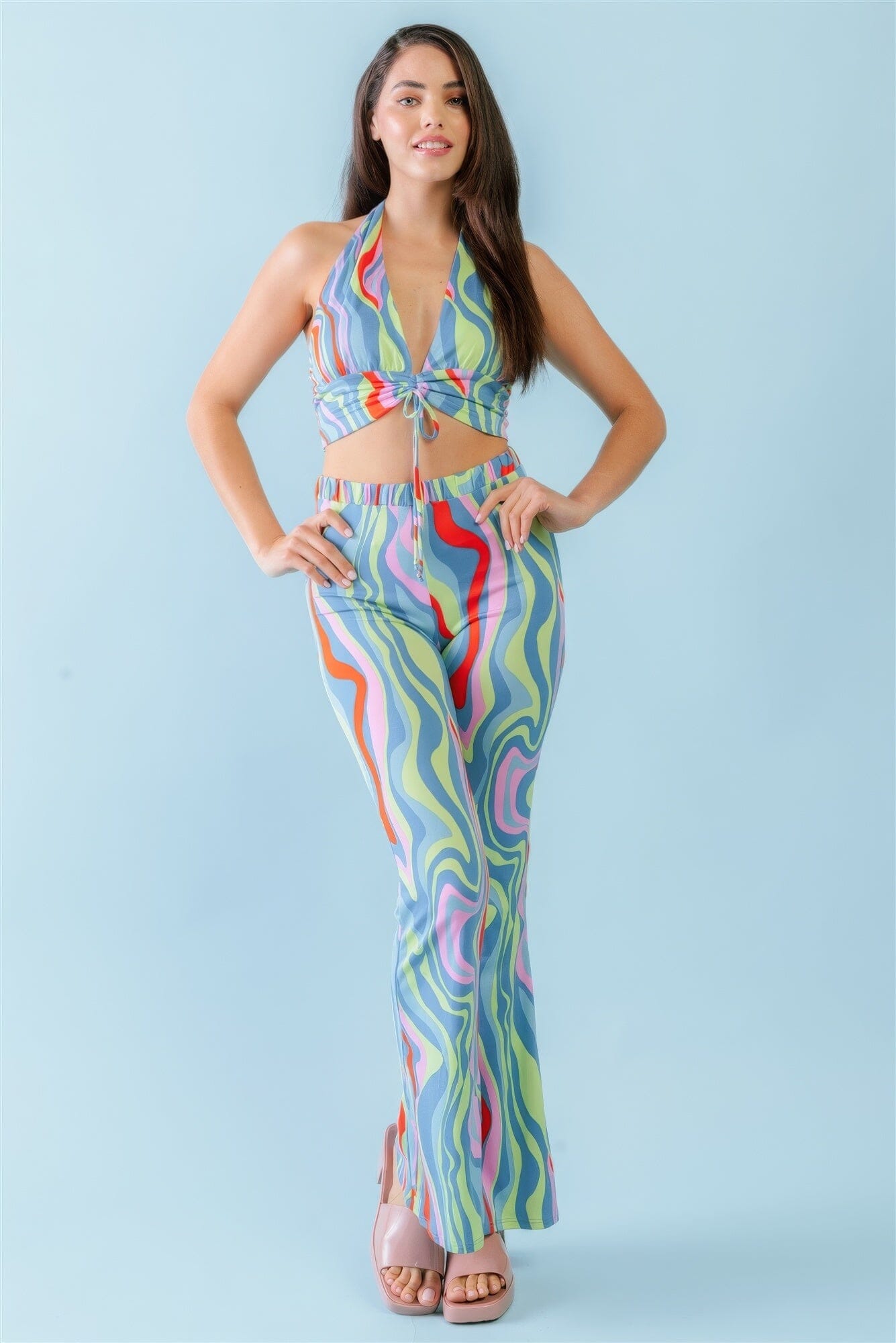 Multicolor Abstract Print Halter V-neck Ruched Open Back Crop Top & High Waist Pants Outfit Set Outfit Sets jehouze S 