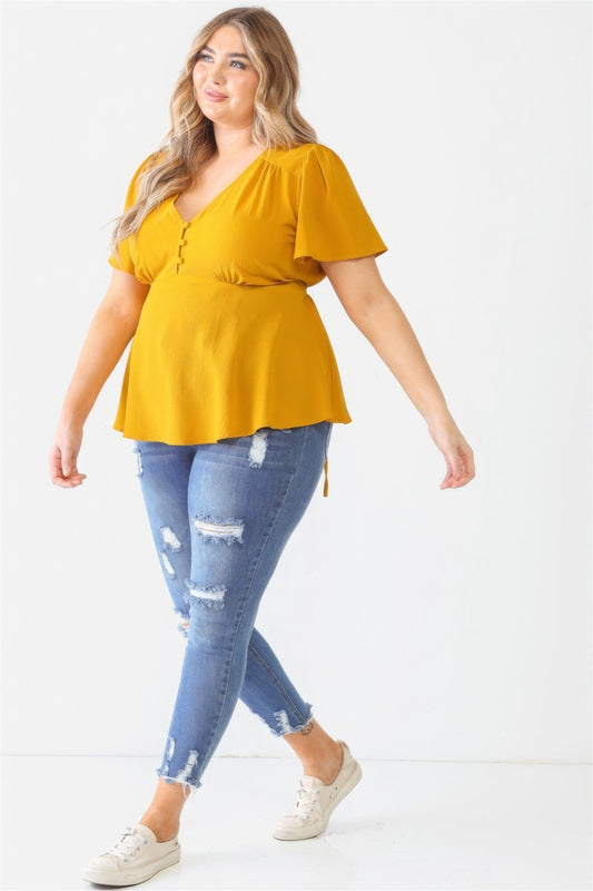 Mustard Yellow Plus Size Button Up V Neck Short Sleeve Flare Top Shirts & Tops jehouze 1XL 