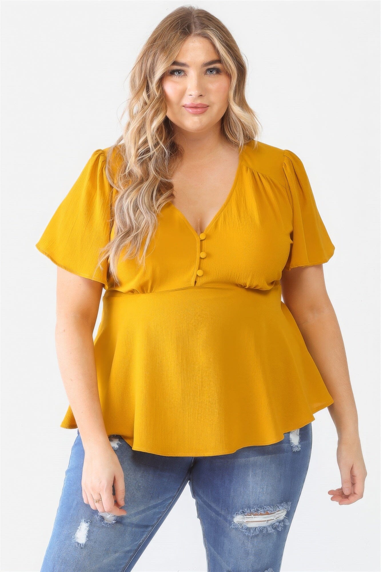Mustard Yellow Plus Size Button Up V Neck Short Sleeve Flare Top Shirts & Tops jehouze 