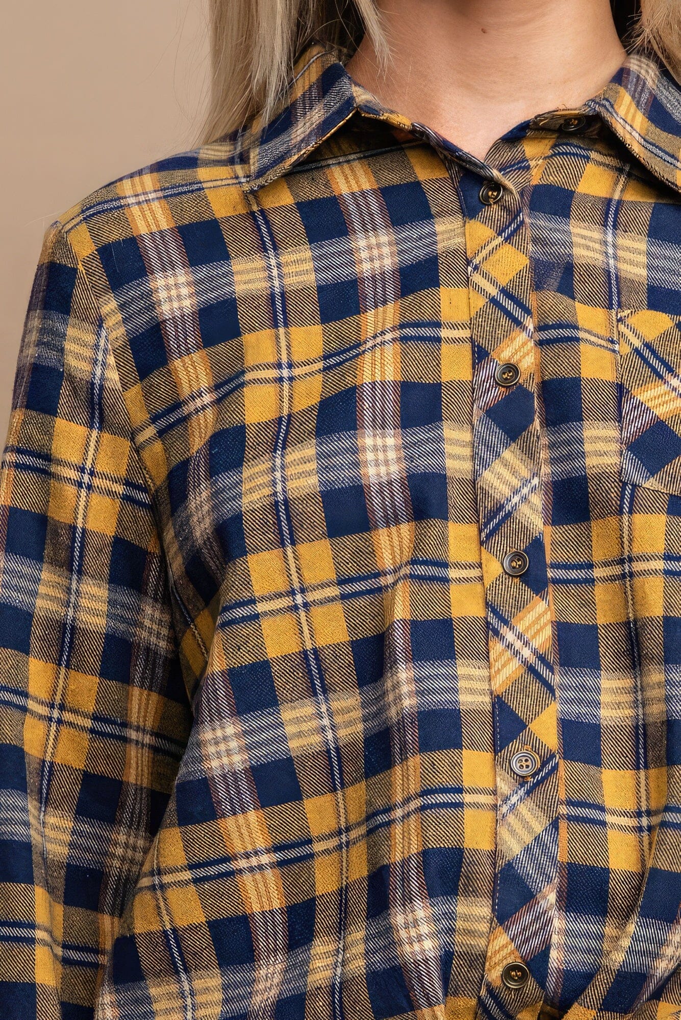 Mustard Yellow Tie Front Button Down Plaid Shirt With Front Pocket Shirts & Tops jehouze 