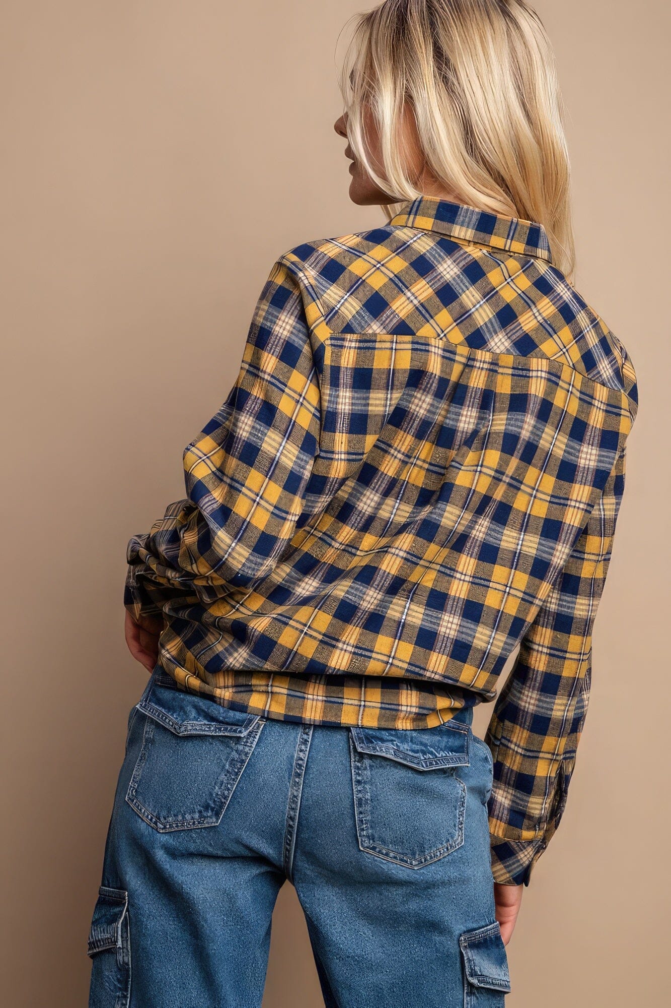 Mustard Yellow Tie Front Button Down Plaid Shirt With Front Pocket Shirts & Tops jehouze 