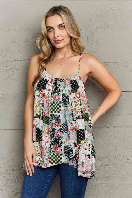 Ninexis Floral Scoop Neck Sleeveless Spaghetti Straps Loose Tulip Hem Cami Top Shirts & Tops jehouze Floral S 