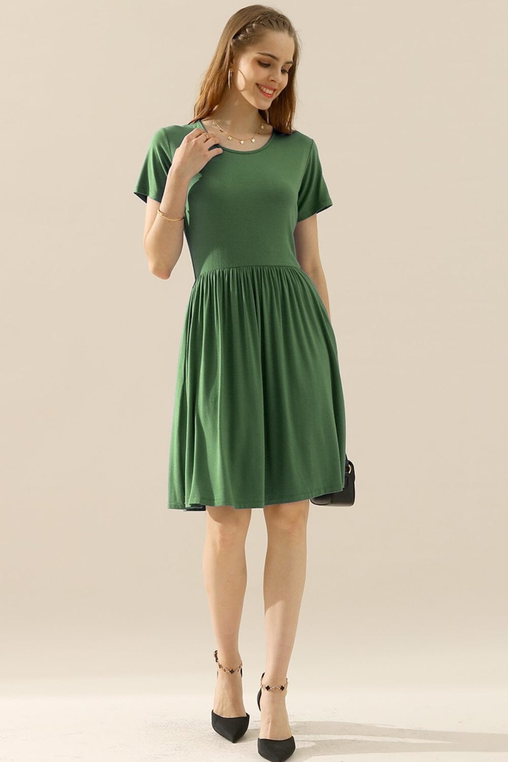 Ninexis Round Neck Ruched Dress with Pockets Dresses jehouze 