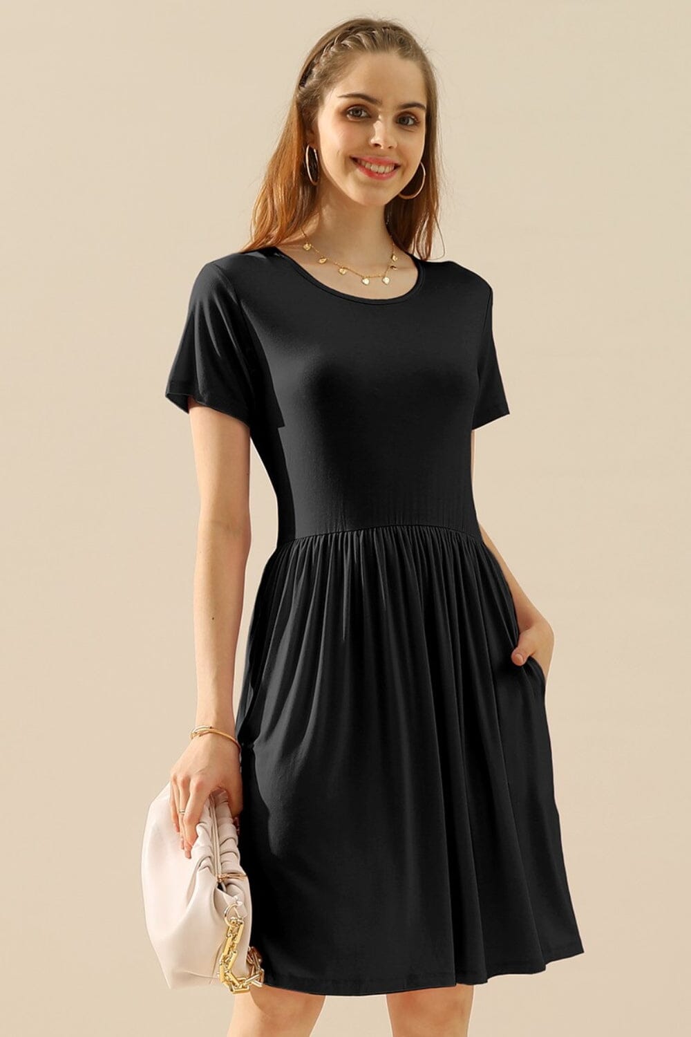 Ninexis Round Neck Ruched Dress with Pockets Dresses jehouze BLACK S 
