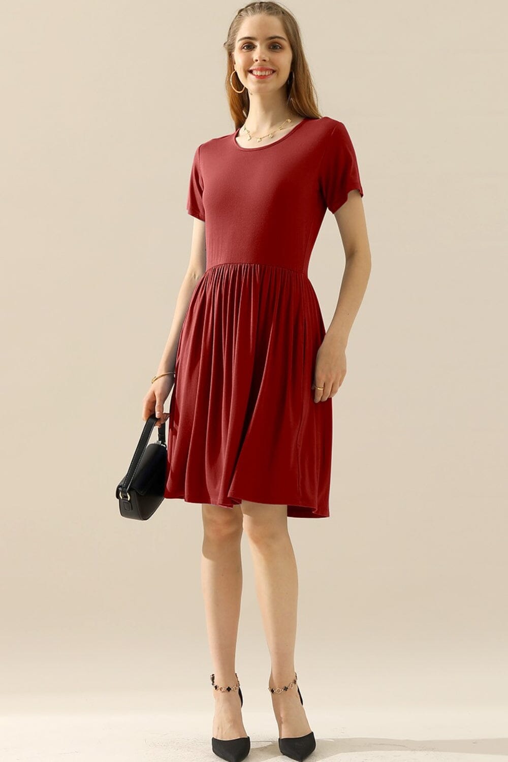 Ninexis Round Neck Ruched Dress with Pockets Dresses jehouze BURGUNDY S 