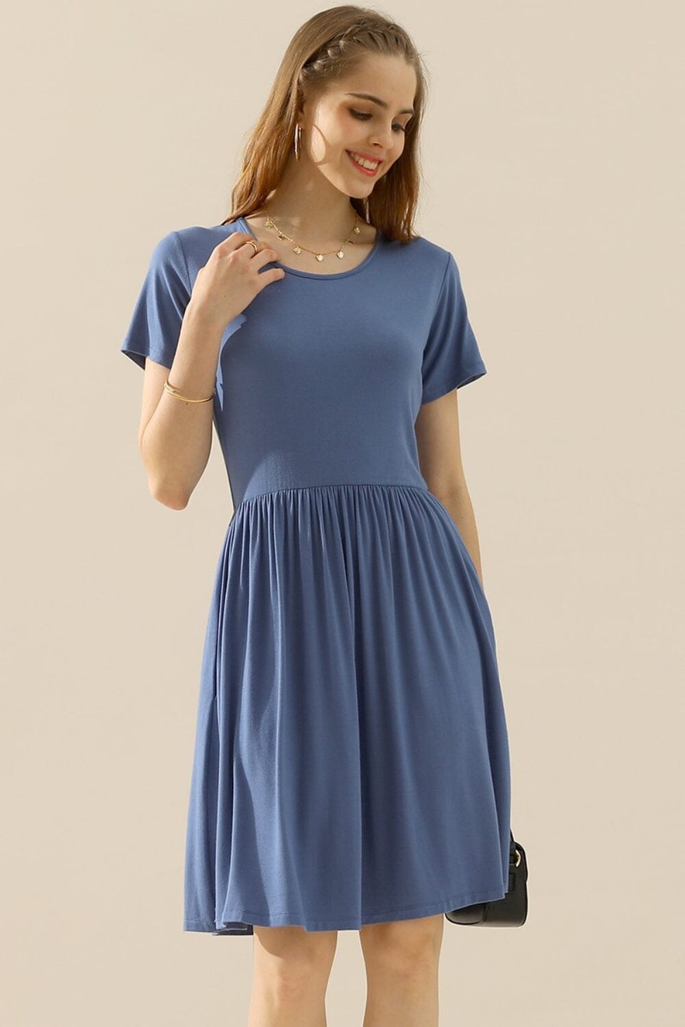 Ninexis Round Neck Ruched Dress with Pockets Dresses jehouze DENIMBLUE XL 