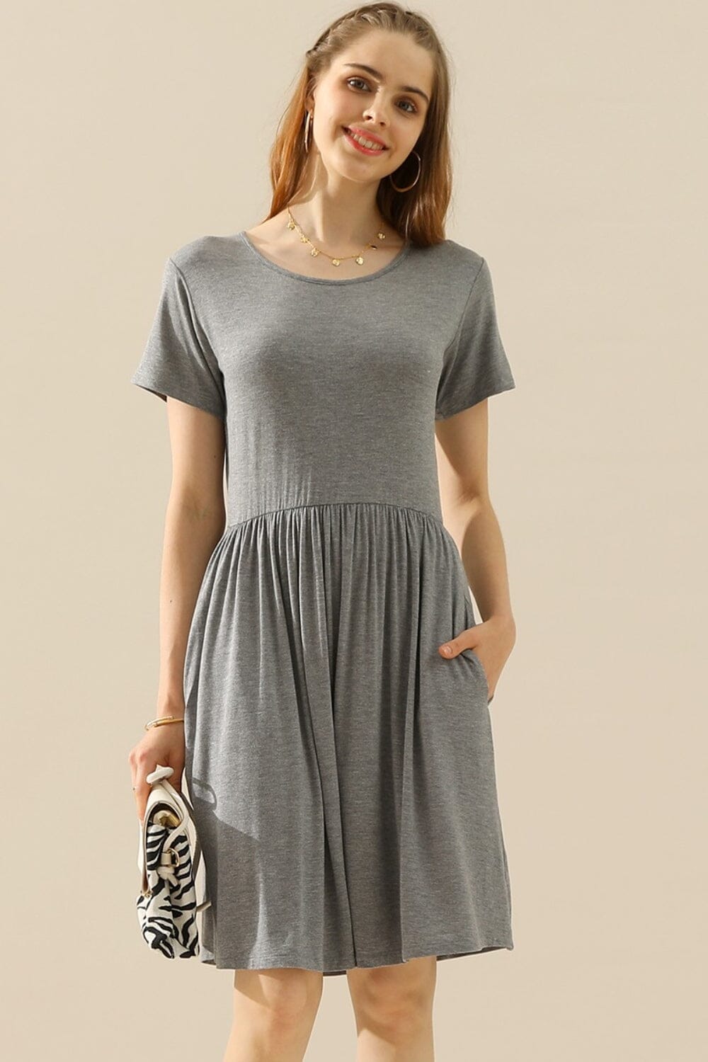 Ninexis Round Neck Ruched Dress with Pockets Dresses jehouze H GREY S 