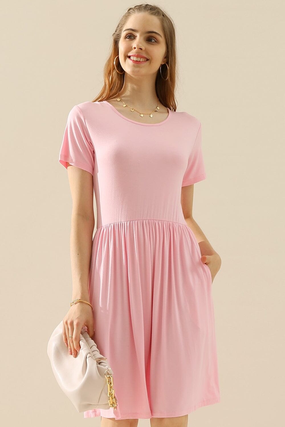 Ninexis Round Neck Ruched Dress with Pockets Dresses jehouze LT PINK S 
