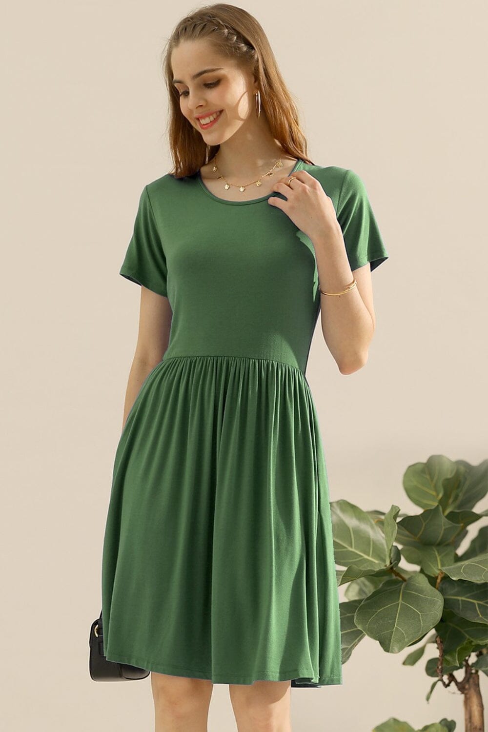 Ninexis Round Neck Ruched Dress with Pockets Dresses jehouze OLIVE S 