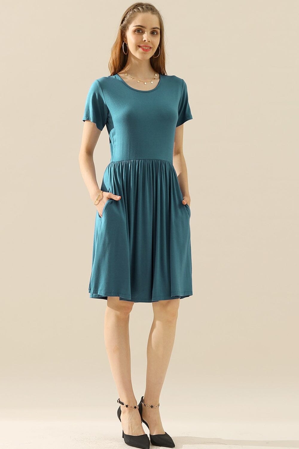 Ninexis Round Neck Ruched Dress with Pockets Dresses jehouze TEAL S 