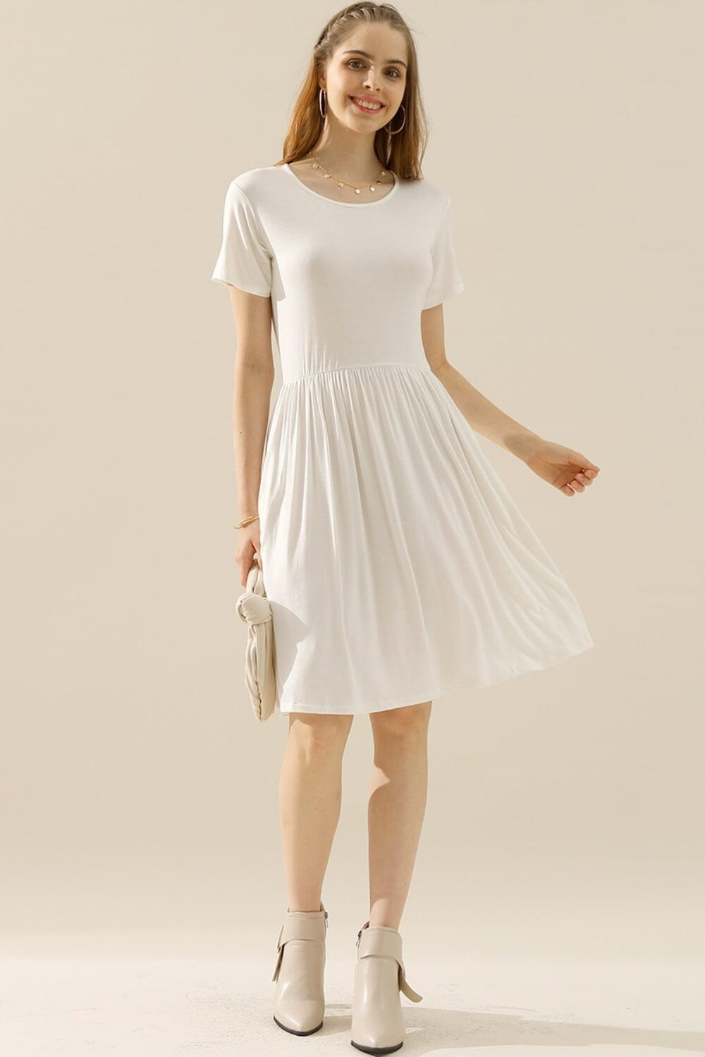 Ninexis Round Neck Ruched Dress with Pockets Dresses jehouze WHITE S 