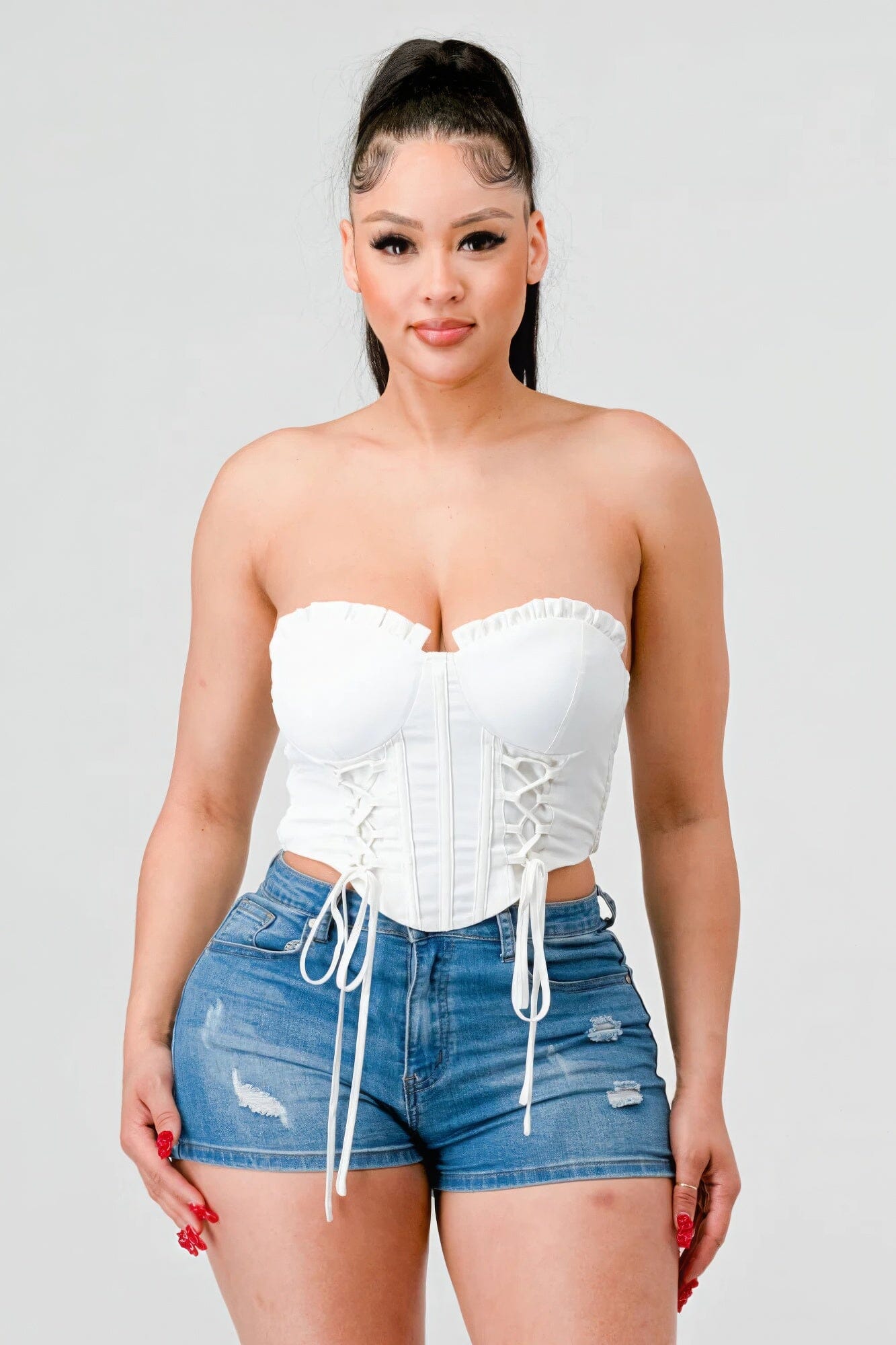 Off White Luxe sweetheart ruffled drawstring lace bustier top Shirts & Tops jehouze 