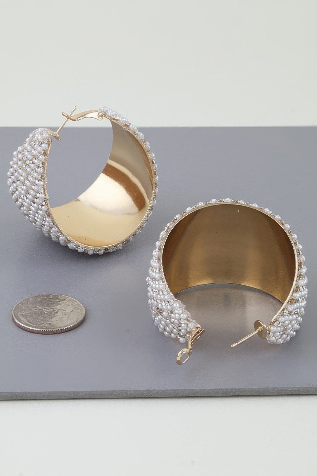Pearl Bedazzled Crescent Hoop Earrings Apparel & Accessories > Jewelry > Earrings jehouze 