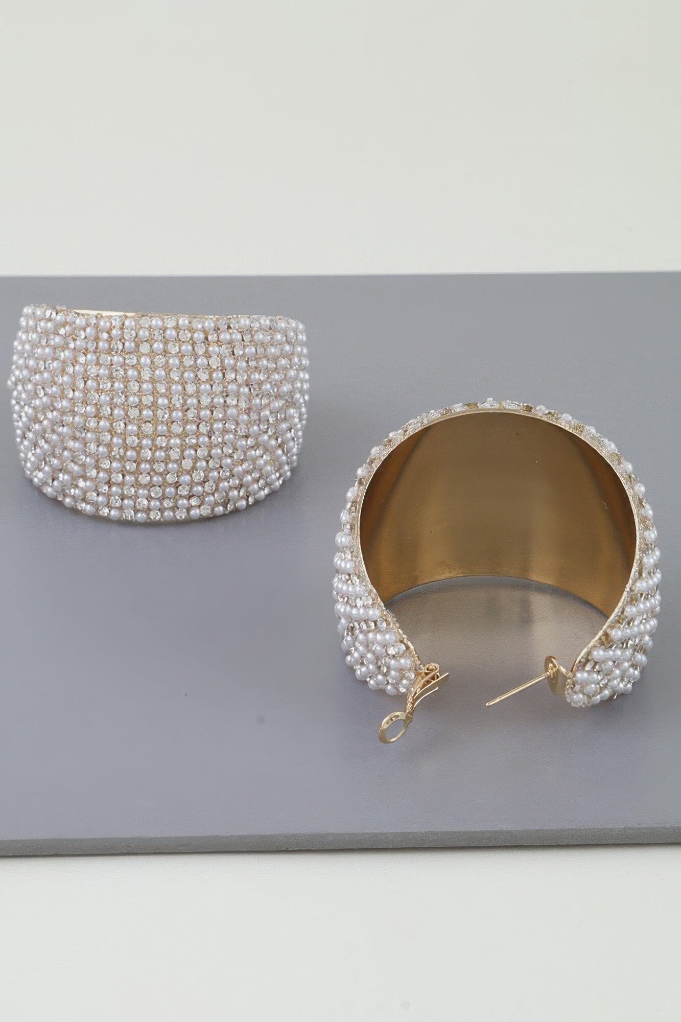 Pearl Bedazzled Crescent Hoop Earrings Apparel & Accessories > Jewelry > Earrings jehouze 