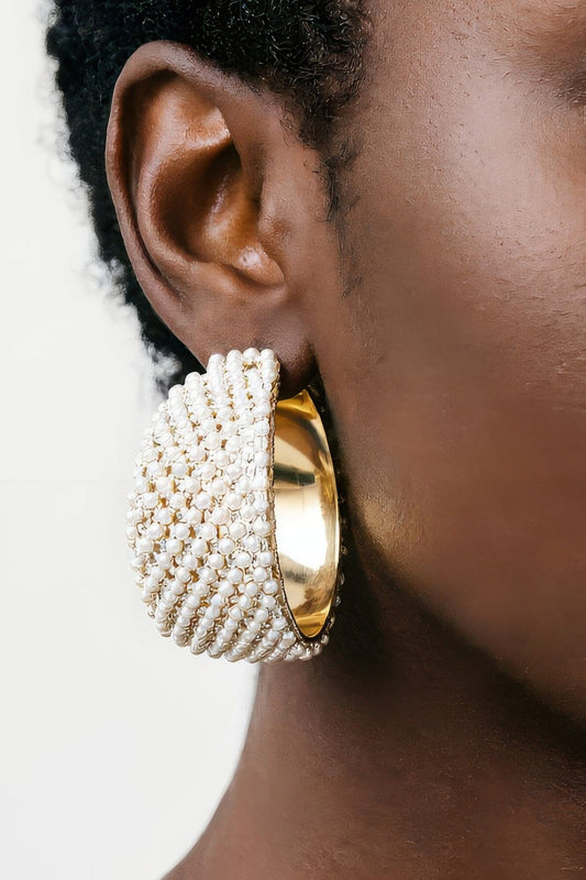 Pearl Bedazzled Crescent Hoop Earrings Apparel & Accessories > Jewelry > Earrings jehouze Gold Cream 