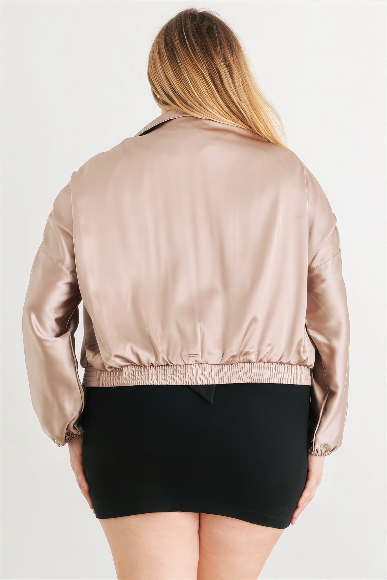 Plus Satin Zip-up Ruched Long Sleeve Cropped Bomber Jacket Outerwear jehouze 